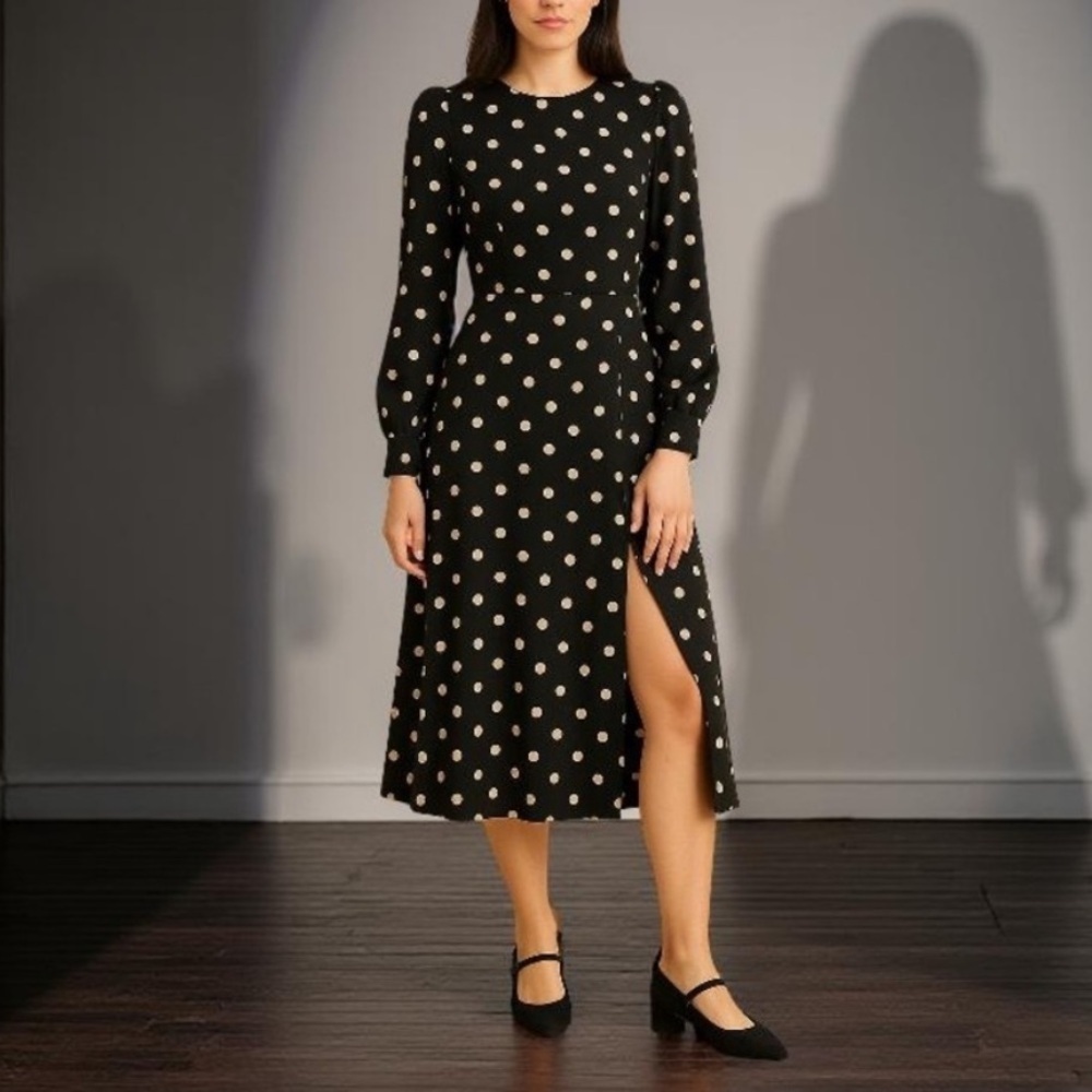 Reformation Long Sleeve Polka Dot Midi Dress Size 0 Creed Style